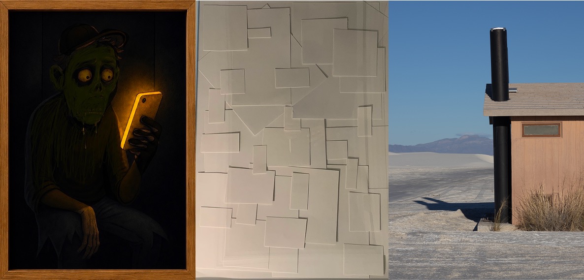 Three pieces side by side: a painted zombie illuminated by phone light, a minimalist paper artwork of layered geometric shapes, and a photograph of a desert cabin with a black stovepipe against a blue sky