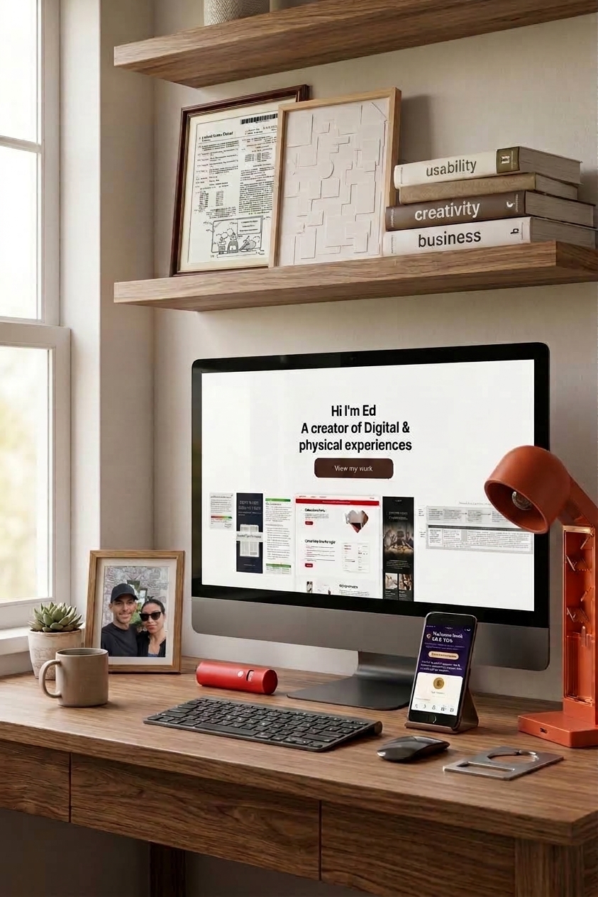 My desk by a window: a shelf with framed work above it, and a desk with my computer, phone, and product prototypes