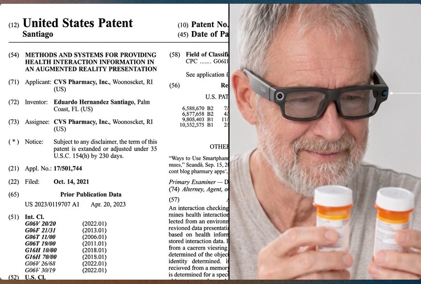 US Patent document for augmented reality drug interaction checking, next to a photo of a man wearing AR glasses looking at prescription bottles