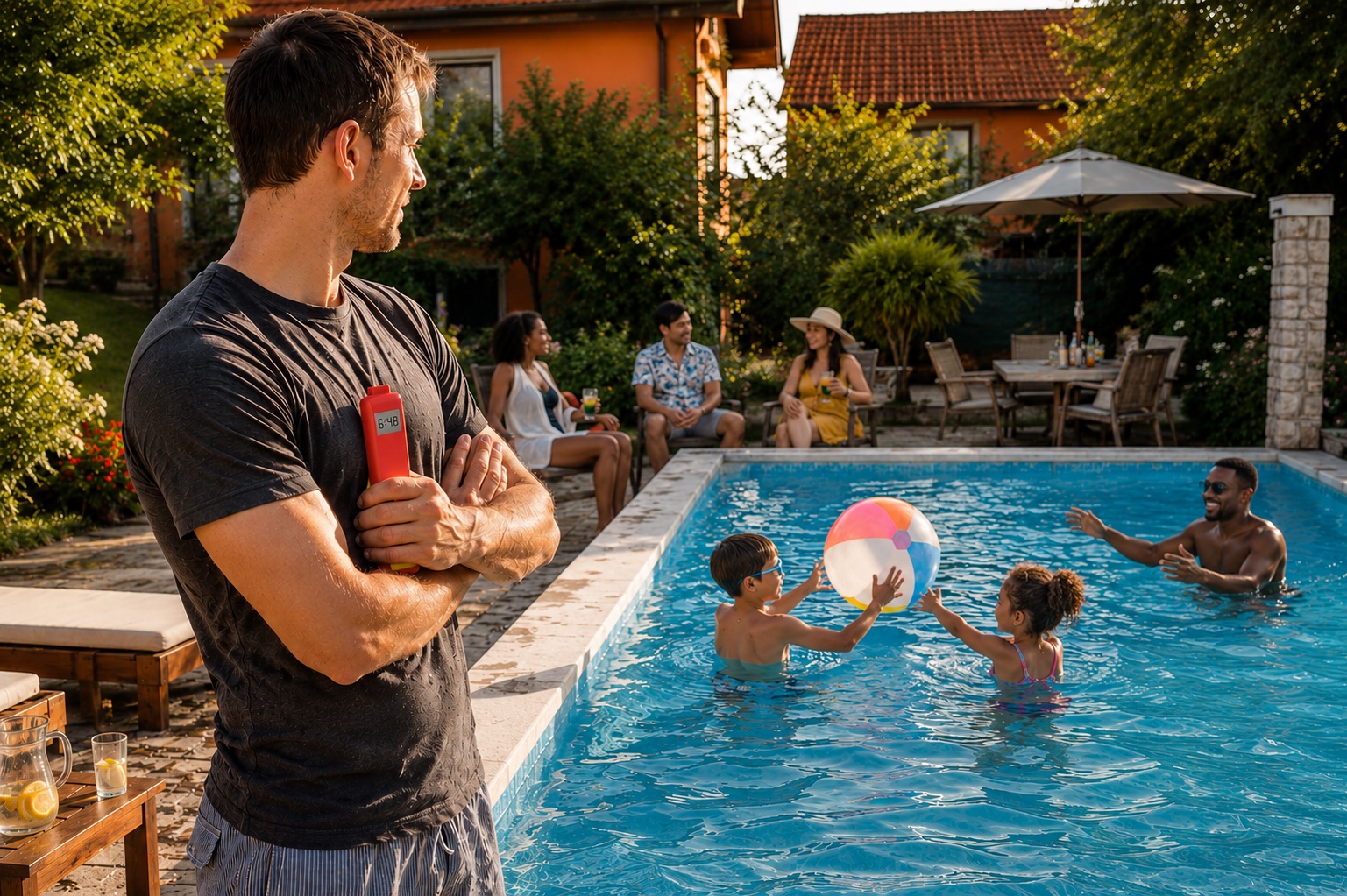A man poolside holding the red pool safety device, watching over a family swimming